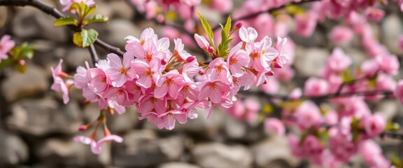 Obraz premium Soft focus cherry blossoms blooming against a gently blurred stone wall background, light, stone wall, beauty
