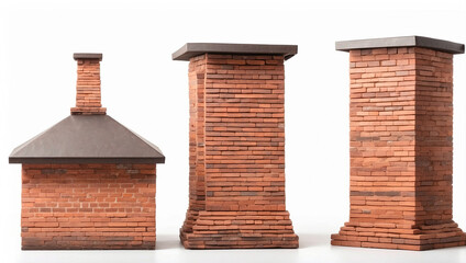 Brick Chimneys Isolated on a White Background: Architectural Features of Homes