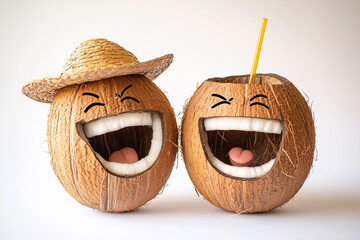 Joyful coconuts with big smiles and a hat enjoying a drink together at a cheerful moment