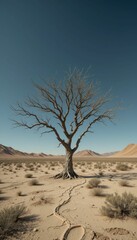 Naklejka premium Lonely Tree Against Clear Sky in Vast Desert Landscape Scene