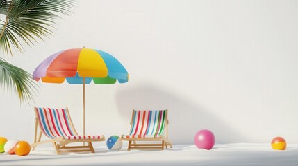 Colorful beach umbrella and striped deck chairs creating a vibrant summer vacation scene