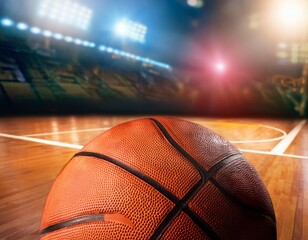 Pelota de baloncesto sobre una cancha y una canasta al fondo. Concepto de deporte callejero - obrazy, fototapety, plakaty
