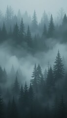 Misty Forest Scene with Tall Trees and Smoky Fog Covering Ground
