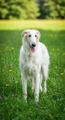 Fototapeta premium Elegant Borzoi Puppy Standing in a Green Meadow – Graceful Young Russian Wolfhound