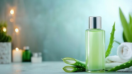 Aloe vera skin healing sensitivity care Aloe vera bottle with greenery and candles in a serene setting.