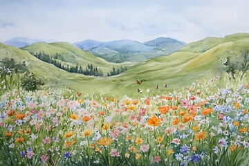 Fototapeta premium Vibrant wildflower meadow in spring with rolling hills and distant mountains in soft light