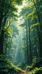 Obraz premium Sunlight Filtering Through Lush Green Forest Canopy in Tranquil Scene