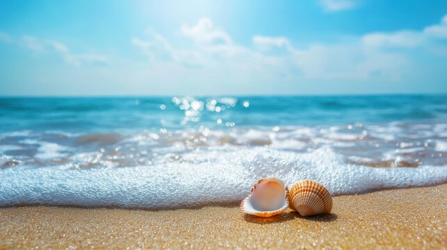 Beautiful summer background with seashell on the sandy beach and blue sea, sunny day. Vacation concept.