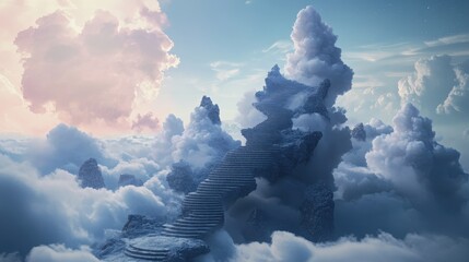 Enchanted staircase in the clouds at sunset with vibrant colors and mystical atmosphere