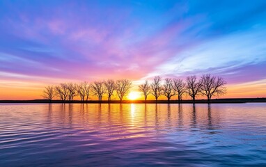 Serene Sunset Over Calm Water with Silhouette Trees