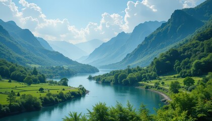 Serene Mountain Landscape with River and Lush Green Valleys