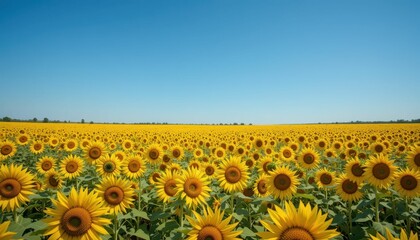 Fototapeta premium Vibrant Sunflower Field Under Clear Blue Sky in Summer Sunshine