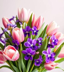 Naklejka premium Pastel tulips and violets in a whimsical spring bouquet, photography, texture