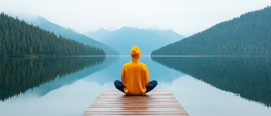 Tranquil Forest Meditation Modern Wellness Retreat with Person on Wooden Pier by Reflective Lake Mindfulness Promotion and Nature-Infused Reflection