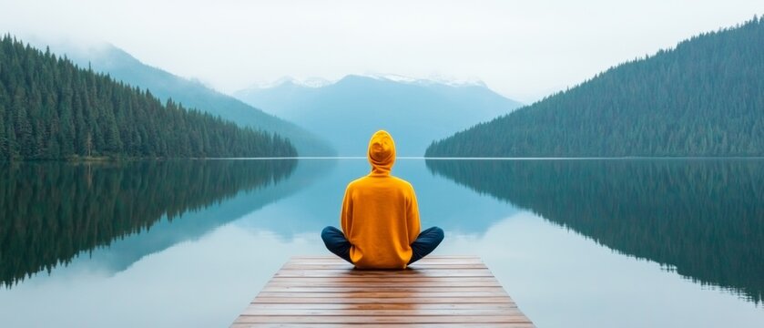 Tranquil Forest Meditation Modern Wellness Retreat with Person on Wooden Pier by Reflective Lake Mindfulness Promotion and Nature-Infused Reflection