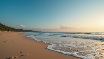 Obraz premium Serene Ocean View at Sunrise with Gentle Waves and Footprints