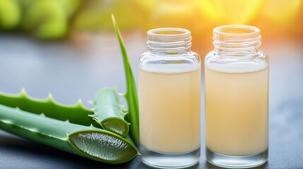 Aloe vera skin healing sensitivity care Aloe vera gel in bottles with fresh leaves, natural skincare focus.