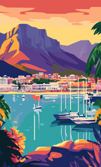 Naklejka premium Retro Cape Town Travel Poster with Scenic Landscape and Vintage Summer Vibes