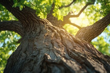Fototapeta premium Upward view of tree trunk with textured bark and green leaves in sunlight isolated on Transparent Background
