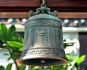 Obraz premium Ornate Bronze Bell with Temple Garden.