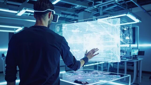Male professional in virtual reality headset interacting with complex holographic data visualization in high-tech laboratory environment with blue lighting and transparent digital interfaces
