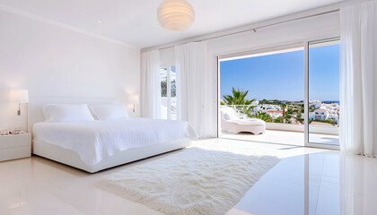 Luxurious white bedroom overlooking coastal view