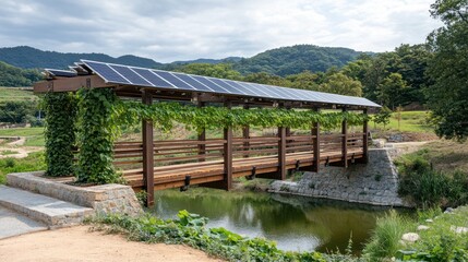 Fototapeta premium Wooden Solar Bridge Over Pond in Park