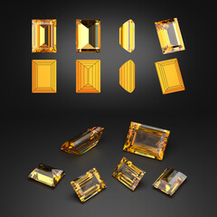 Demonstration of the baguette-cut topaz from different angles. Scheme of cutting. Scattering of gemstones. Black background. 3d rendering.