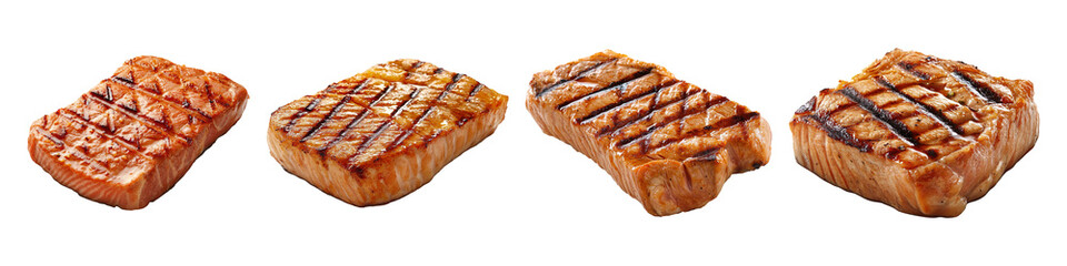 Set of salmon grilled roast steak isolated on transparent background