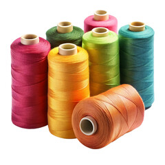 A collection of colorful spools of thread in various shades, including red, blue, yellow, and green, isolated on a white background, showcasing cotton threads for sewing and embroidery