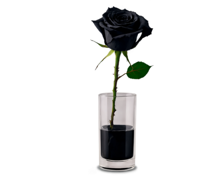Elegant Still Life, A Solitary Withered Black Rose in a Clear Glass Vase Evokes Themes of Mortality Beauty and The Transient Nature of Existence Artistically Illuminated