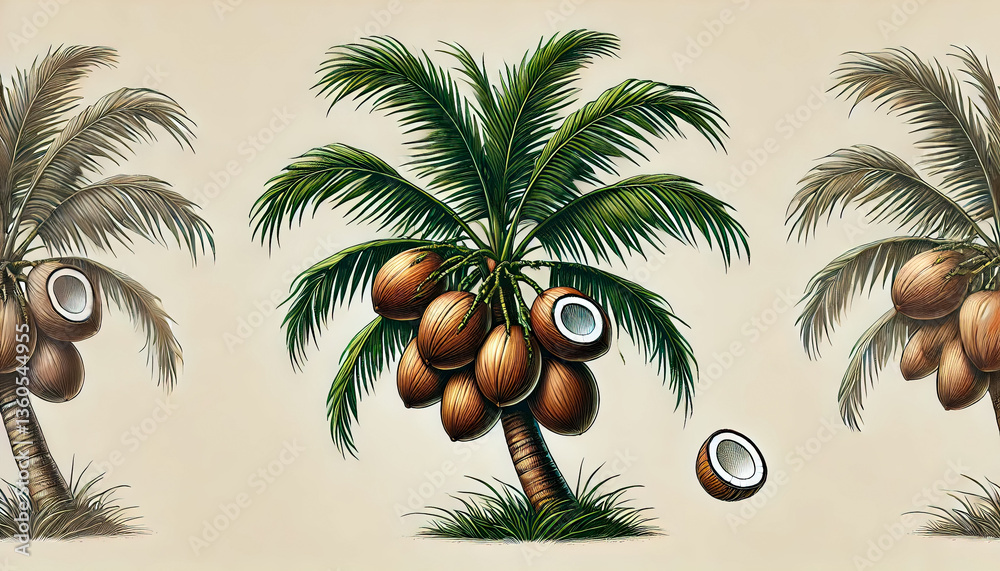 Poster coconut palm tree with ripe coconuts against a soft background enhances tropical landscape charm