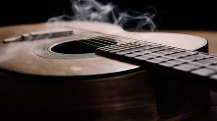 Fototapeta premium Music concept. Acoustic guitar isolated on a dark background under beam of light with smoke with copy space. Guitar Strings, close up. Selective focus.