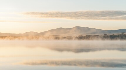 Morning mist rises over tranquil lake as sun begins to illuminate the horizon in serene natural landscape