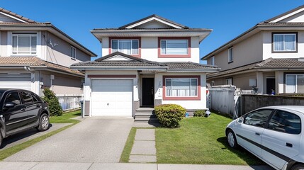 Suburban house exterior, lawn and cars parked.  Residential sale or rental property