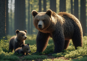 Obraz premium Mother bear grizzly and the little bears in the forest