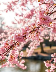 Obraz premium Delicate pink cherry blossoms in full bloom at Wuhan East Lake Sakura Garden, warm spring sunlight, flowers, cherry blossoms, white background