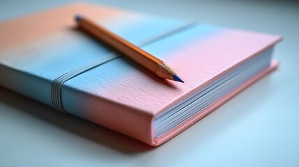 Elegant pink and blue notebook journal with pencil, perfect for writing, planning, and organizing thoughts and ideas.