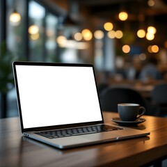 Fototapeta premium Laptop on wooden table, blank white screen, coffee shop interior,
