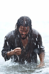 Man walking into ocean with wet clothes and hair, bright sky in background