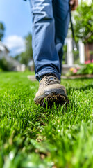 Man walking on lush green lawn, sunny day, suburban setting