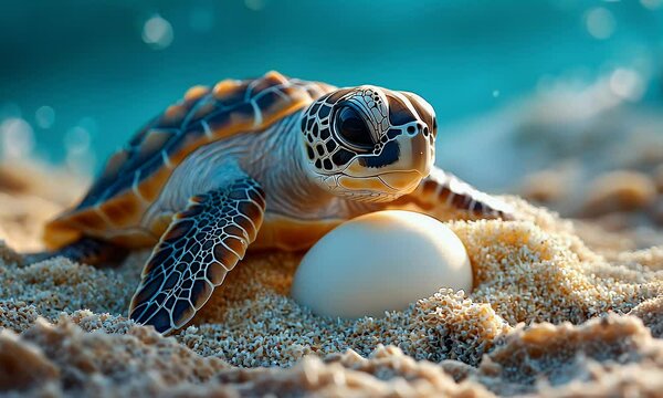 Baby sea turtle emerging from egg