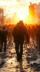 Man walks through crowd at sunset, urban background