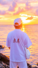 Man watches ocean sunset in white robe