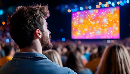 Man watching colorful screen at indoor event