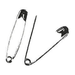 Safety pins elements photocopy. Retro vector illustration grunge dotted texture.