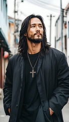 Man with long hair, city street, thoughtful gaze