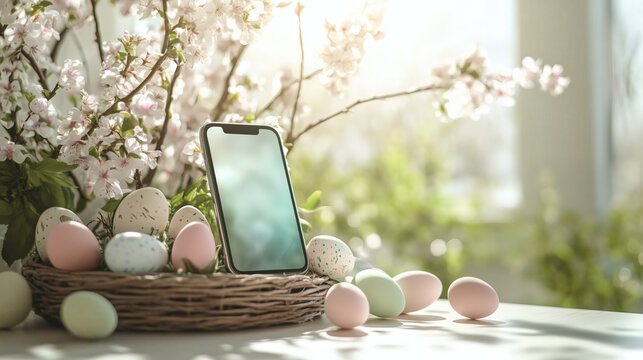 Easter eggs and smartphone with blank screen are placed on table near window with blooming cherry tree branches in wicker basket