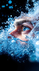 Man's face submerged, water splash, dark background