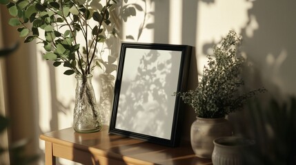Empty frame mockup on wooden table with plants in sunlight creating shadows for a minimalist aesthetic